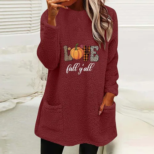 Vista 4 de Ropa de invierno para mujer, suéter de Navidad de moda, casual, suelto, con cuello redondo, sudadera con bolsillos