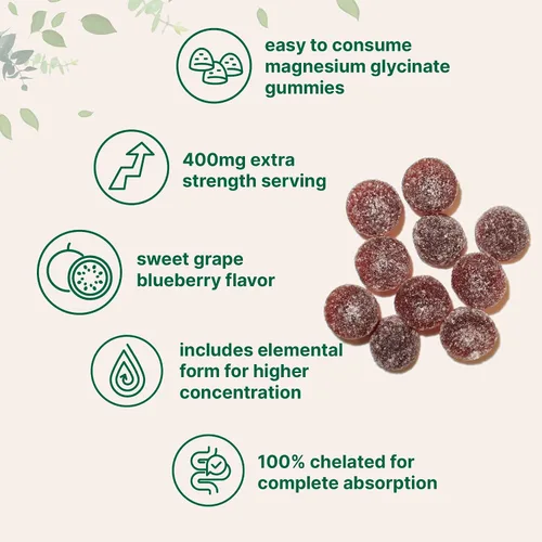 Vista 3 de Gomitas de glicinato de magnesio 400 mg por porción, 120 unidades Sabor natural de uva y arándano Potente forma elemental + quelado para una