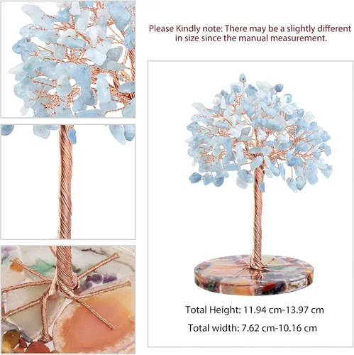 Vista 2 de Nupuyai Árbol de dinero de piedra de cristal aguamarina envuelto en rodajas redondas de ágata orgónica, árbol de la vida, bonsái de Feng Shui