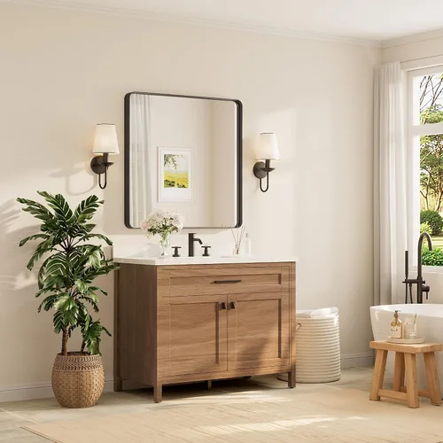 Vista 110 de TETOTE Espejo de marco dorado cepillado de 16 x 24 pulgadas, espejo de tocador de baño de latón dorado para pared, espejo enmarcado rectangular
