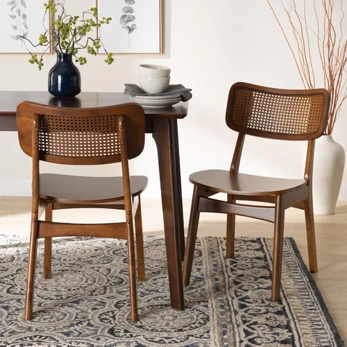 Vista 2 de Baxton Studio Tafari Mid-Century - Juego de sillas de comedor de 2 piezas con acabado marrón nogal y ratán