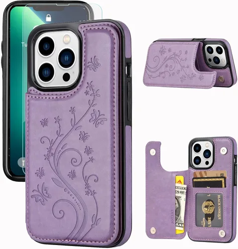 Vista 8 de Funda tipo cartera compatible con iPhone 13 Pro de 6.1 pulgadas, funda protectora delgada con tarjetero, piel sintética de alta calidad, ranuras