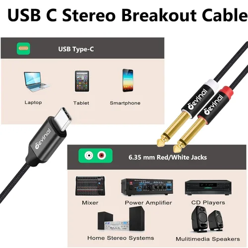 Vista 6 de Cable de audio USB C a 1/4 de pulgada, tipo C a doble cable auxiliar estéreo TRS de 0.250 in, divisor en Y para teléfono inteligente, tableta, 2