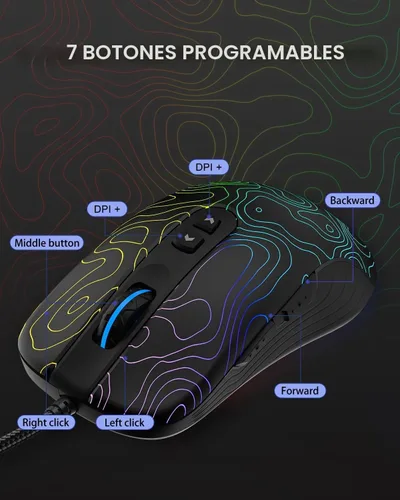 Vista 6 de Womier G706 Mouse Gaming USB con Cable para PC Computadora Windows Mac Portátil, Mouse Ligero Silencioso con Retroiluminación RGB con 12000DPI