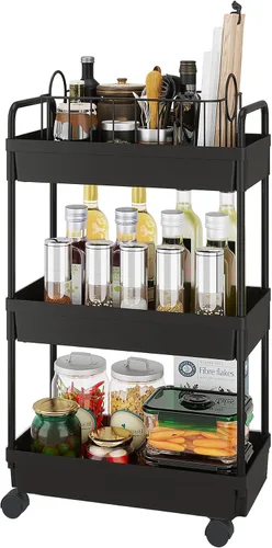 Vista 2 de Buzowruil Carrito de almacenamiento rodante de 3 niveles, organizador de estantería móvil, carrito utilitario con ruedas para cocina, baño, Negro