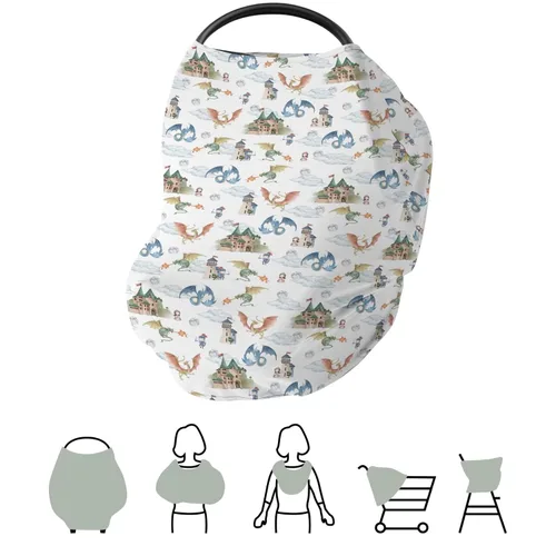 Vista 6 de Funda de asiento de coche de dragón y caballeros de cuento de hadas para bebés, dragones de fantasía, castillo de princesa, funda elástica 5 en 1