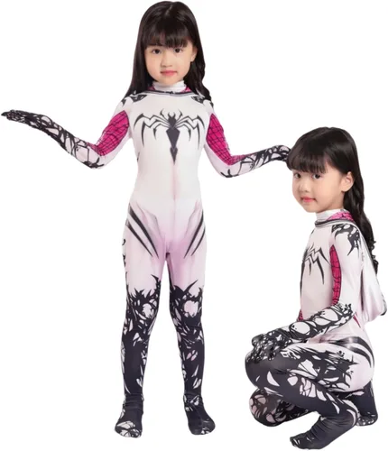 Vista 5 de LG LOUIS GARDEN Disfraz de araña para niños, estilo 3D, traje de araña blanca, overol con máscara para fiesta de Halloween, cosplay, traje para niñas