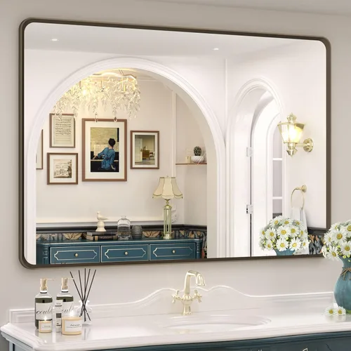 Vista 29 de OKPAL - Espejo de tocador de baño de 20x24 pulgadas con marco de metal cepillado en bronce, espejo de baño con marco de metal cepillado en bronce
