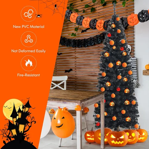 Vista 4 de Árbol de Navidad negro de 6 pies, árbol de lápiz delgado con 520 puntas de rama, hojas de PVC de calidad, soporte de metal plegable, árbol