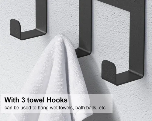 Vista 5 de Toalleros para baño, toallero con estante y 3 ganchos, soportes de almacenamiento de toallas de pared para toallas de baño enrolladas, color negro