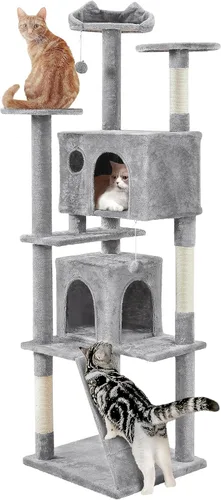 Vista 26 de Yaheetech - Torre de árbol para gatos de 62 pulgadas, torre para gatitos de interior, muebles para mascotas con doble refugio, postes para rascar