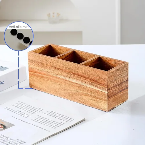 Vista 4 de Soporte para lápices de madera para escritorio, soporte para control remoto, organizador de almacenamiento de escritorio con 3 compartimentos Acacia