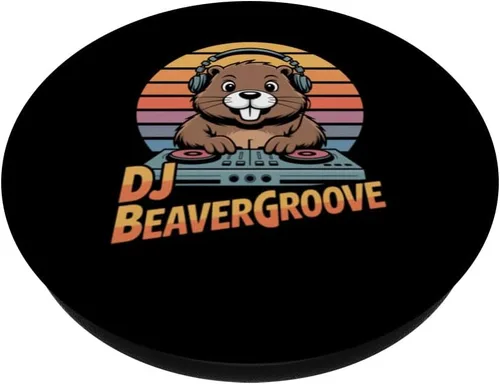 Vista 2 de DJ BEAVERGROOVE Retro Beaver DJ Turntable Sunset PopSockets Adhesive PopGrip