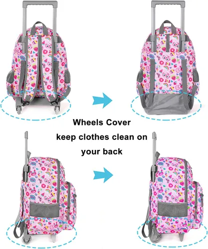 Vista 4 de Mochila rodante de 18 pulgadas con ruedas de doble asa laptop para niños y niñas viajes escuela niños equipaje para niños pequeños rosado Cat Pink