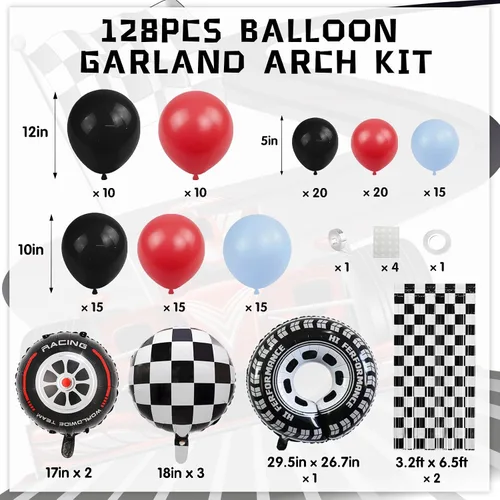 Vista 2 de Kit de arco de guirnalda de globos de auto de carreras, 128 piezas, globos rojos, azules, negros, negros, fondo de borla a cuadros y globo