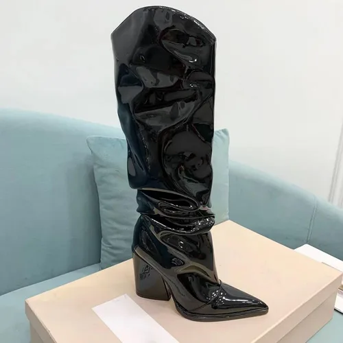 Vista 13 de Vertundy Botas altas hasta la rodilla metálicas con punta puntiaguda para mujer, botas altas de tacón alto de charol plisadas, botas largas plisadas