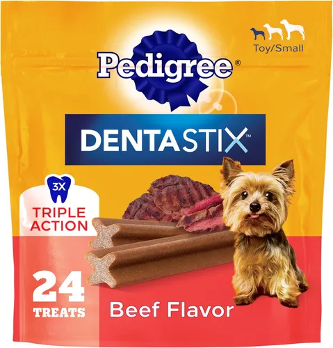 Vista 31 de Pedigree Dentastix Golosinas dentales para perros pequeños de doble sabor, tocino y pollo, bolsa de 5.08 onzas (24 golosinas)