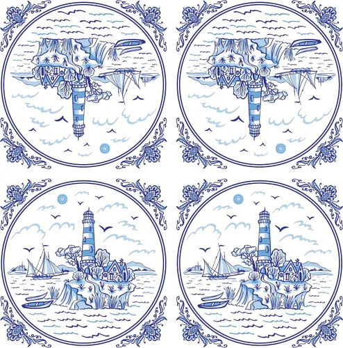 Vista 2 de Servilletas náuticas AZUL LIGHTHOUSE TILE 40pcs Servilletas de cóctel azul y blanco, papel de decoupage costero