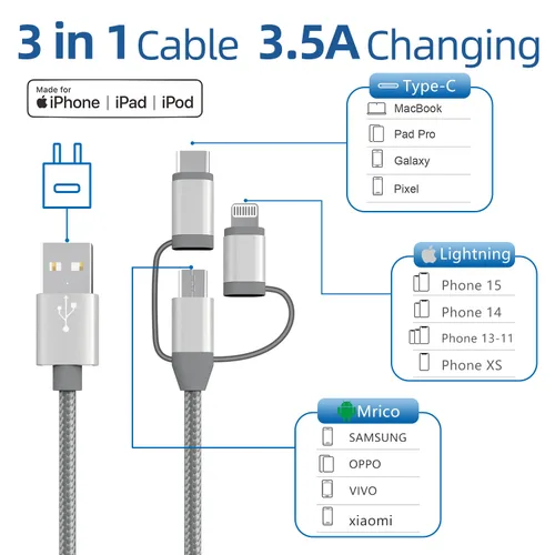 Vista 3 de Adaptador de cable de carga 3 en 1, Lightning certificado MFi de Apple, tipo C, cable micro USB, compatible con iPhone 16/15/14, iPad, Huawei, HTC