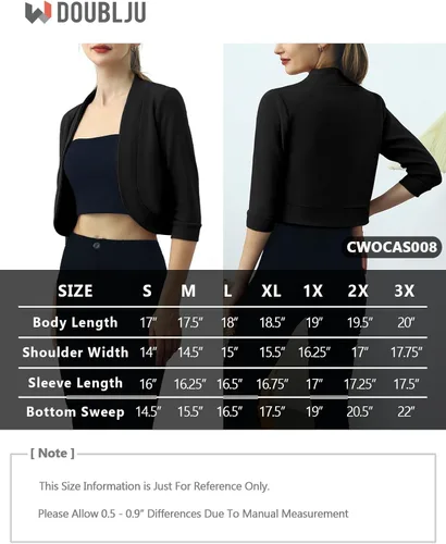 Vista 6 de DOUBLJU Bolero - Chaqueta corta con frente abierto, manga 34, básica, para negocios, casual, para mujer, talla grande