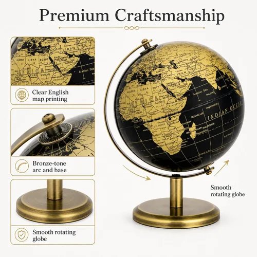 Vista 4 de Exerz 5,5 pulgadas mini globo mundial negro oro inglés mapa bronce soporte
