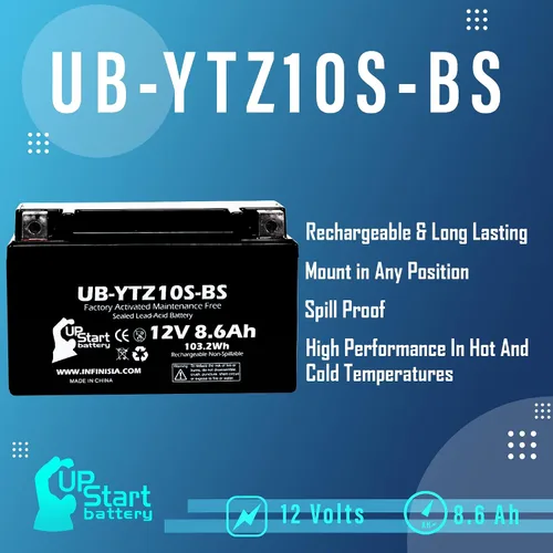 Vista 3 de Reemplazo para Yamaha FZ8 800CC 2011 activado de fábrica, sin mantenimiento, batería de motocicleta - 12V, 8.6Ah, UB-YTZ10S-BS