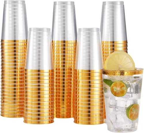 Vista 8 de JOLLY CHEF Paquete de 100 vasos de plástico dorado de 10 onzas, vasos de plástico transparente elegantes con borde dorado desechables, perfectos