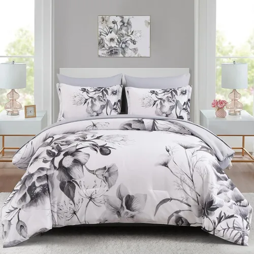 Vista 13 de Luxudecor Juego de edredón floral tamaño individual de 7 piezas, cama de flores aguamarina en una bolsa, elegante edredón floral degradado con juego