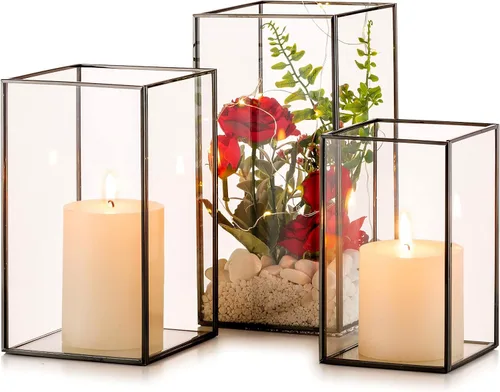 Vista 15 de NUPTIO Portavelas de Cristal Hurricane: 3 Piezas Linternas Negras Geométricas Portavelas de Velas de Pilar Linterna Decorativa Centro de Mesa