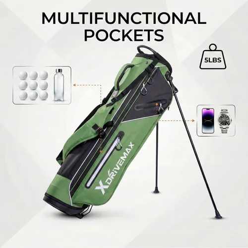 Vista 5 de Bolsa de golf ligera con soporte estable, diseño compacto con correas de hombro fáciles de transportar, parte superior de 4 direcciones, bolsillos