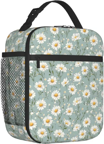 Vista 2 de Lonchera con diseño de margaritas para mujeres, niños, niñas y hombres, lonchera aislada, bolsa de almuerzo para adultos, bolsa de almuerzo