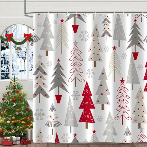 Vista 11 de Cortina de ducha de Feliz Navidad, trineo de Papá Noel, reno, copo de nieve, vacaciones, cuadros rojos y verdes, juego de cortinas de ducha