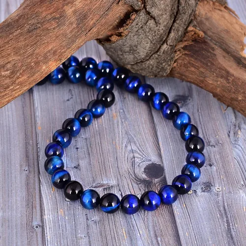 Vista 4 de Piedra preciosa de ojo de tigre azul (0.315 pulgadas) suave y redonda suelta hebra para hacer manualidades (15 pulgadas) 1 hebra pulsera, collar