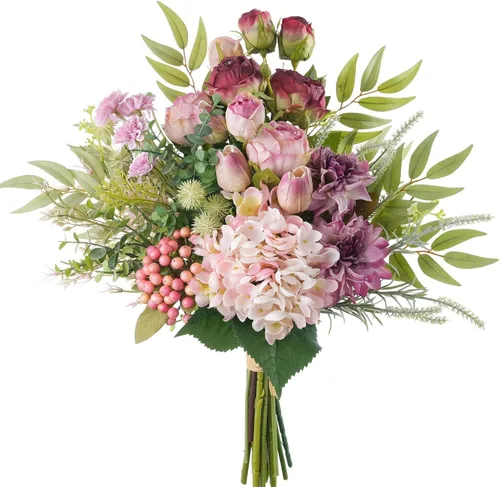 Vista 14 de Arreglos florales artificiales de seda de 17 pulgadas, ramos de flores artificiales que consisten en ranúnculos, crisantemos silvestres, rosas Ámbar