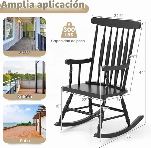 Vista 3 de Giantex Mecedora de madera para exteriores, mecedora de patio con marco de madera de goma maciza, respaldo de listones, balancín exterior e
