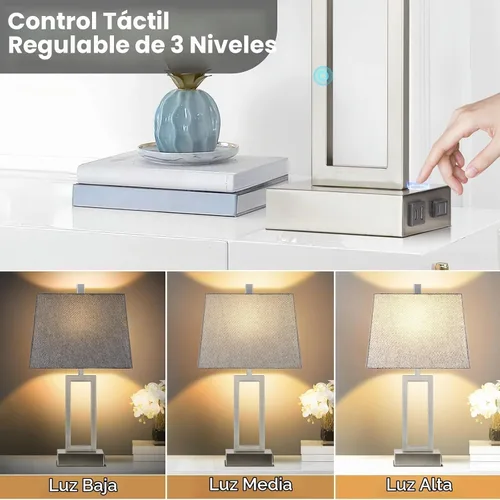 Vista 3 de Lolikit Lámparas de mesa con control táctil de 23.5 pulgadas, lámpara de noche de metal para dormitorio, juego de 2 con puertos USB A+C y salida