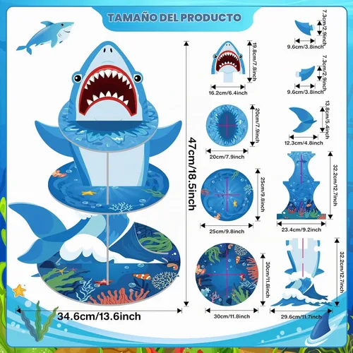 Vista 2 de Zopeal Soporte de 3 niveles para cupcakes con temática de tiburón, tiburón