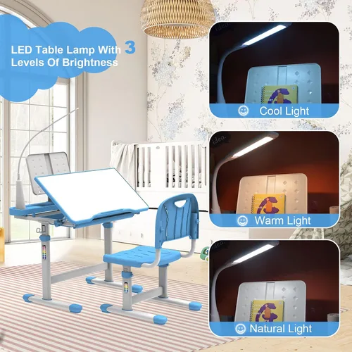 Vista 8 de BELANITAS Juego de escritorio y silla para niños, escritorio escolar de altura ajustable para niños, inclinable de 40 grados con 3 modos de luz