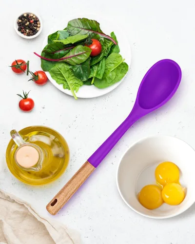 Vista 5 de Cucharas de cocina grandes de silicona, cuchara antiadherente con mango de madera maciza, cucharas de cocina de silicona resistentes al calor