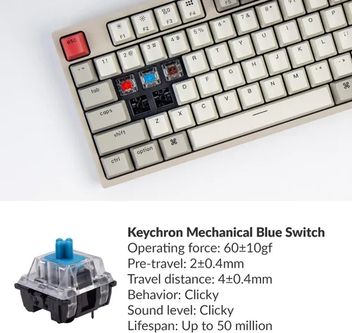 Vista 4 de Keychron Teclado mecánico C1 con cable intercambiable en caliente para diseño de Mac interruptor mecánico azul de teclacable USB tipo C teclas ABS