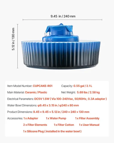 Vista 7 de VEVOR - Fuente de agua de cerámica para gatos, fuente de agua VEVOR de 2.1L/71 onzas, dispensador de agua de porcelana, bomba ultrasilenciosa, área