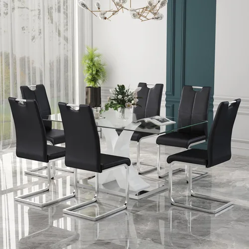 Vista 17 de Juego de comedor moderno de vidrio de lujo de 5 piezas, juego de cena rectangular minimalista grande para 4, juego de mesa de cocina de vidrio
