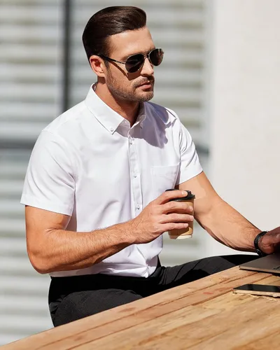 Vista 6 de Alimens & Gentle Camisa Oxford de manga corta para hombre, ajuste regular, cuello abotonado, con bolsillo