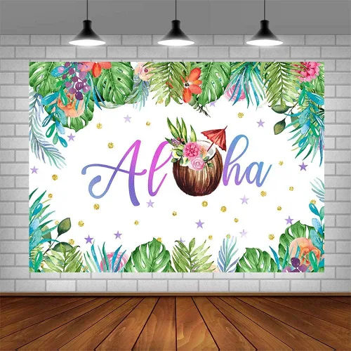 Vista 4 de Decoraciones de fiesta hawaiana de verano de 7 x 5 pies, telón de fondo Aloha para playa, palmera tropical, hojas verdes de coco, fondo