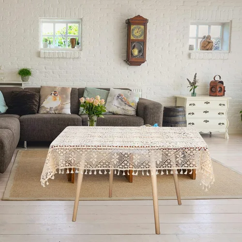 Vista 2 de VOSAREA 1 mantel de punto de yute, rectangular, para mesa vintage, boda, arpillera, camino de mesa con borla de poliéster para piano hueco, 1 ud