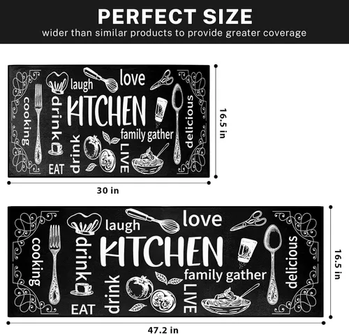 Vista 2 de ArtSocket Juego de 2 tapetes de cocina antideslizantes y lavables, color negro, tapete moderno para debajo del fregadero y felpudo