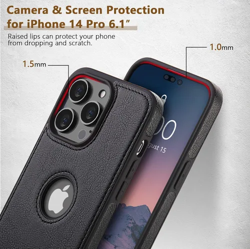 Vista 3 de WTCASE Funda de cuero para iPhone 14 Pro, delgada, flexible, agarre suave, funda de piel sintética de lujo Vgean para hombres, fundas duraderas Negro