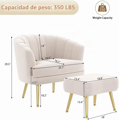 Vista 2 de Andeworld Silla decorativa de terciopelo con otomana, sillón de barril Beige