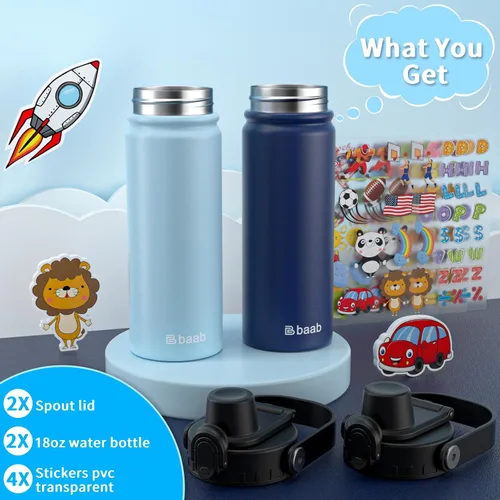 Vista 7 de baab Botella de Agua para Niños de 18 oz, Botella de Agua Aislada para Niños con Tapa de Boquilla Bloqueable y Calcomanías, Taza de Agua para Niños