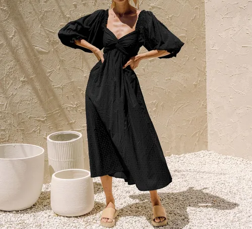 Vista 2 de R.Vivimos Vestido de verano bohemio de algodón con mangas abombadas y lunares suizos con cordones fruncidos, casual, acampanado, vestido por debajo